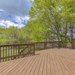 Wooden deck with cloudy skies and green trees. Wide angle.